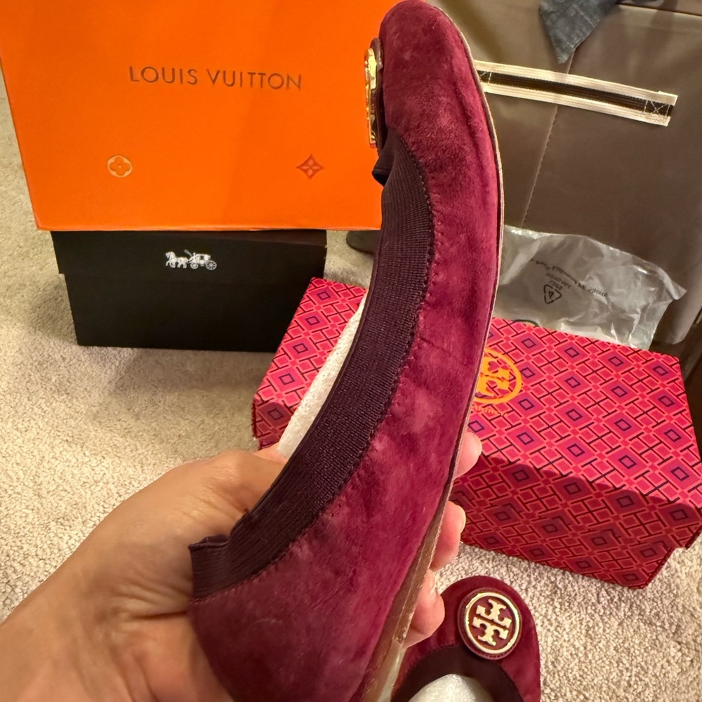 Tory Burch Red Suede Flats with Logo - Picture 7 of 12